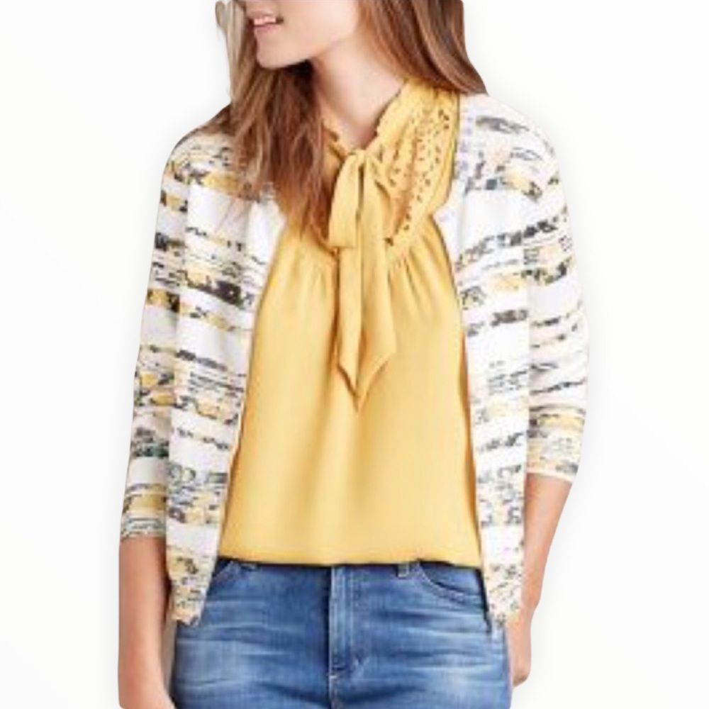Moth Anthropologie White Array Floral Striped Zip Up Knit Cardigan Sweater